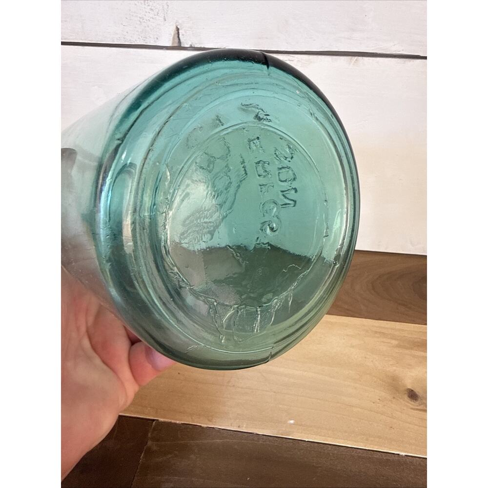 Ball Jar Perfect Mason Off Center #3 RARE 1913-15 Vintage Blue Green 1/2 Gal - Picture 7 of 7